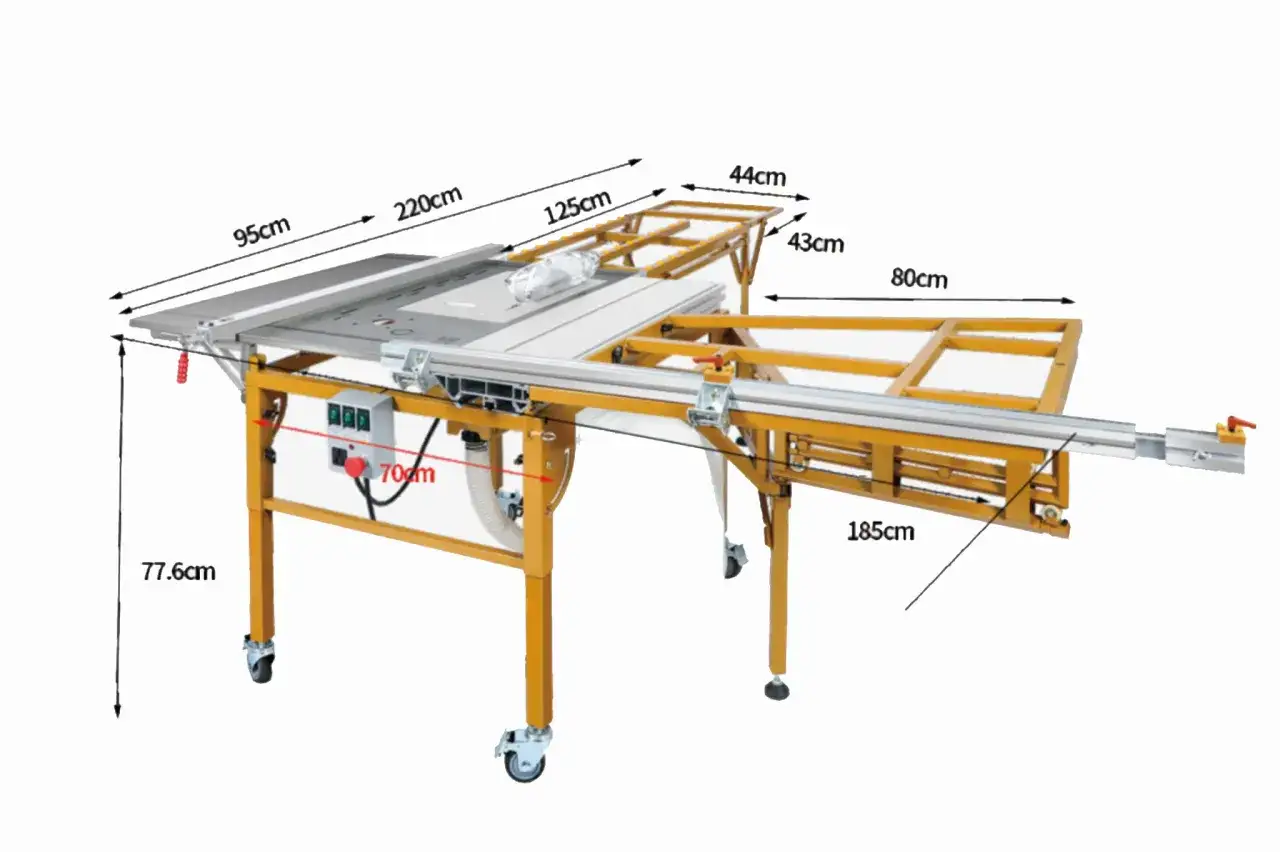 Precyzyjna piła stołowa do cięcia drewna wzdłuż. Wymiary: 220x95cm, wysokość 77.6cm.