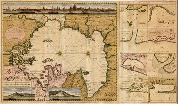 Mapa Morza Kaspijskiego z zaznaczonymi krajami nadbrzeżnymi