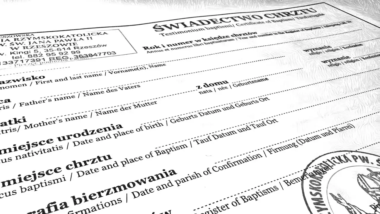 Świadectwo chrztu: dokument potwierdzający jak wygląda chrzest, zawiera dane dziecka, rodziców i datę ceremonii.