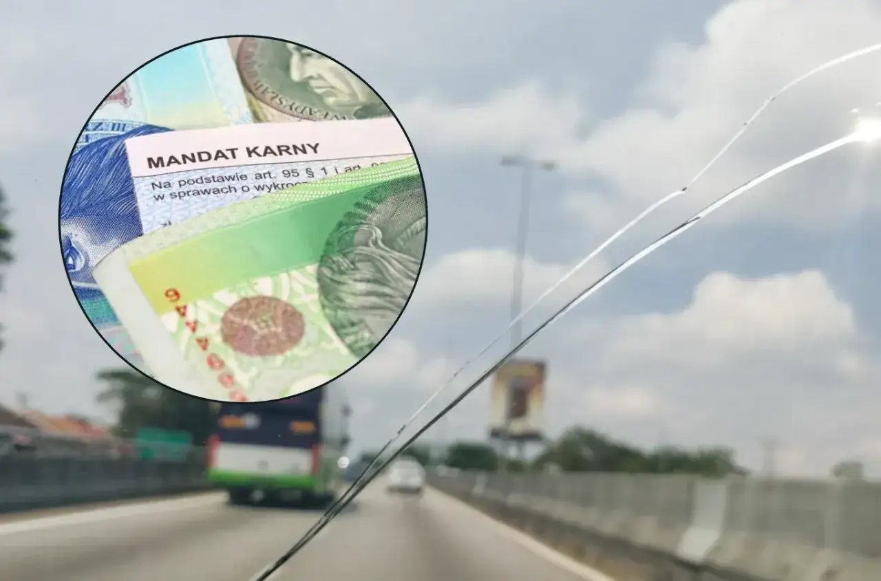 Pajączek na szybie, a może mandat karny i pieniądze? Widok zza pękniętej szyby samochodu na autostradzie.