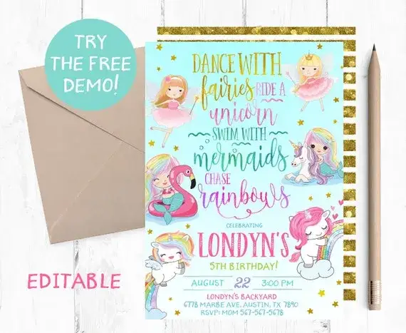 zaproszenia urodzinowe dla dziewczynki diy jednorożec syrenka baletnica