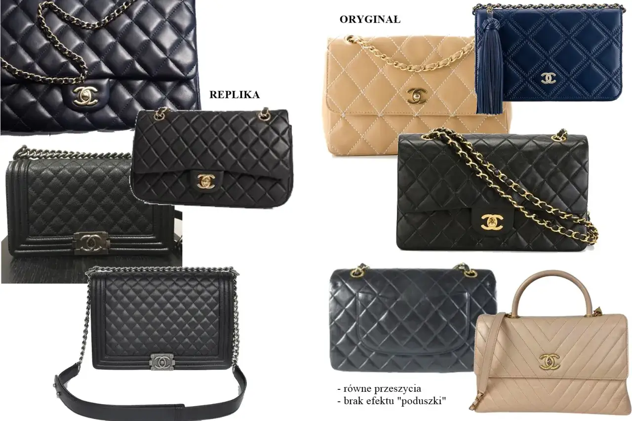 Kolekcja torebek Chanel: oryginały i repliki. Klasyczne pikowane modele w różnych kolorach, w tym czarne, beżowe i granatowe.