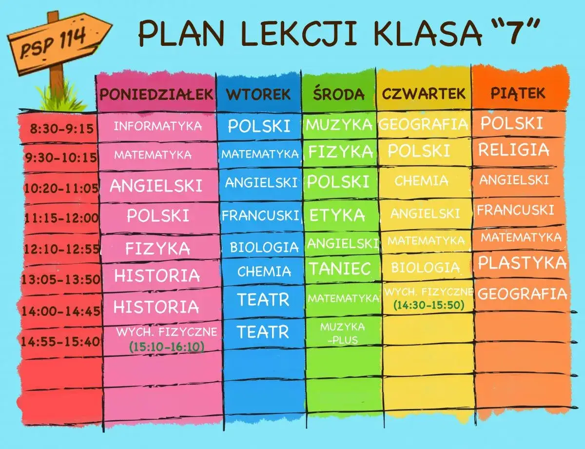 Plan lekcji klasy 7: informatyka, matematyka, angielski, polski, fizyka, historia, wychowanie fizyczne, teatr, muzyka, religia, francuski, etyka, taniec, biologia, plastyka, geografia.