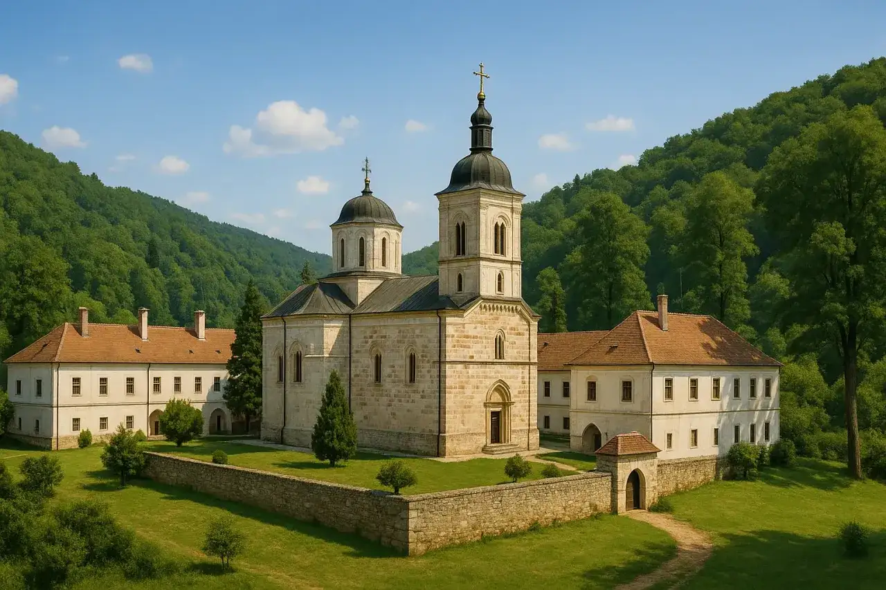 Kamienny klasztor z kopułami na tle zielonych wzgórz Fruskiej Gory.