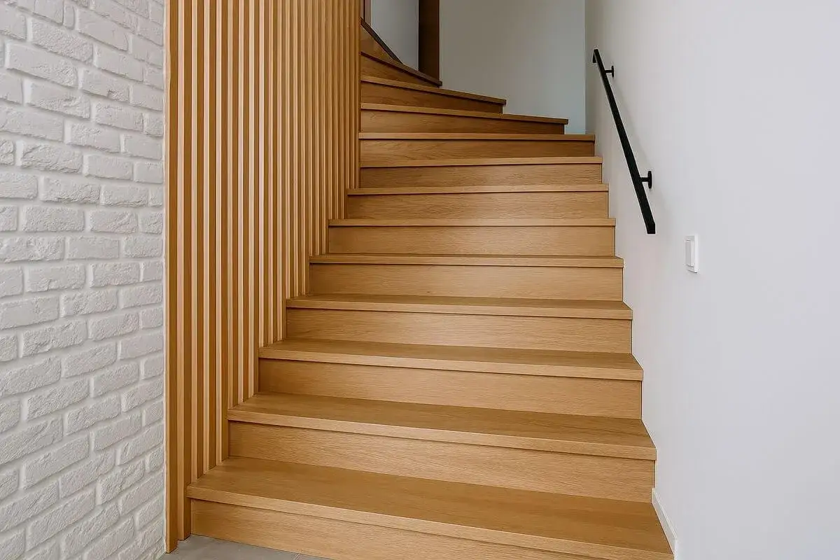 Drewniane stopnie i pionowe lamele tworzą praktyczne ściany na klatce schodowej, kontrastując z białą cegłą.