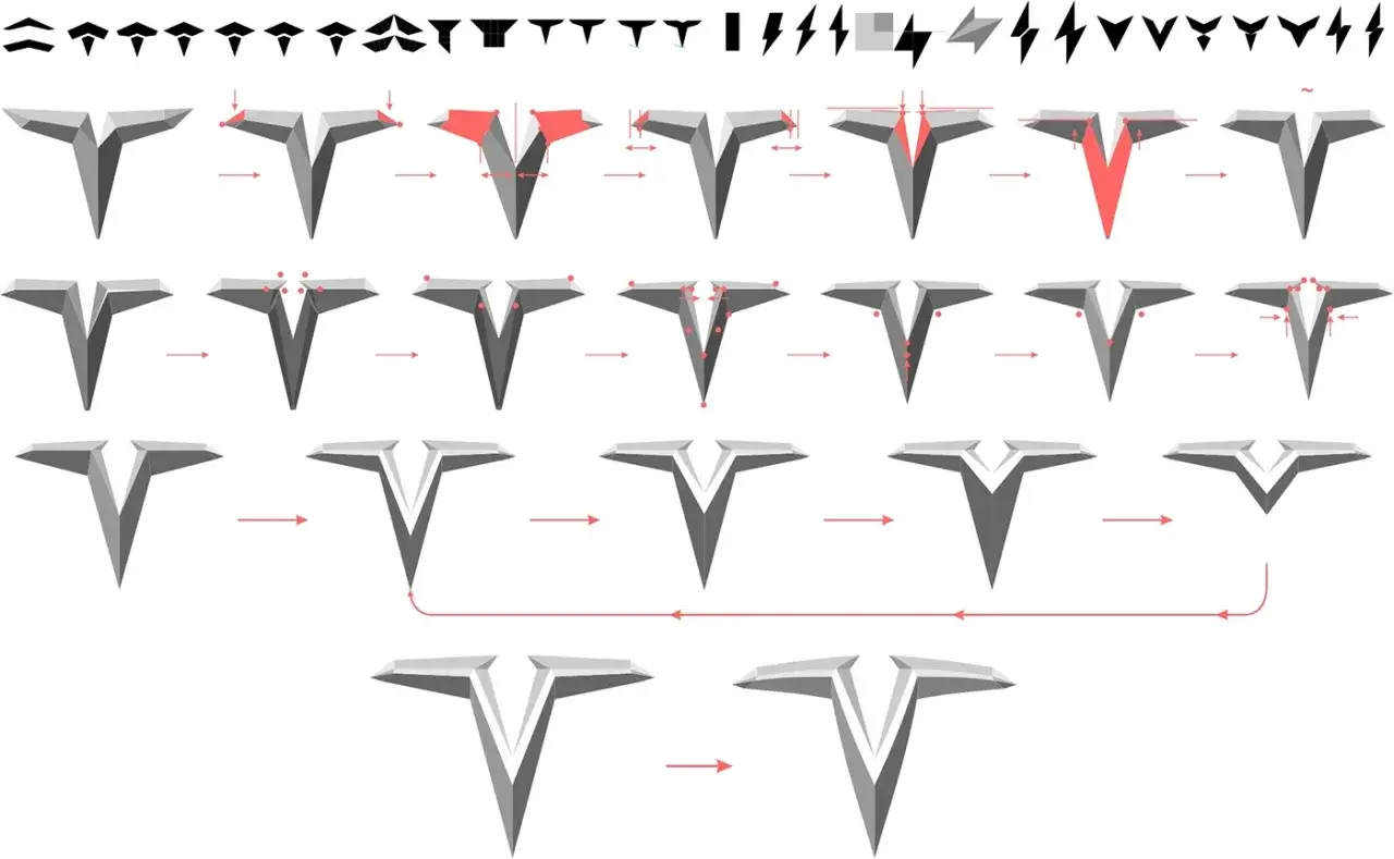 Jak powstaje charakterystyczny kształt, jaki znaczek ma Tesla. Sekwencja ilustruje proces tworzenia logo, od prostych linii do finalnego, trójwymiarowego symbolu.
