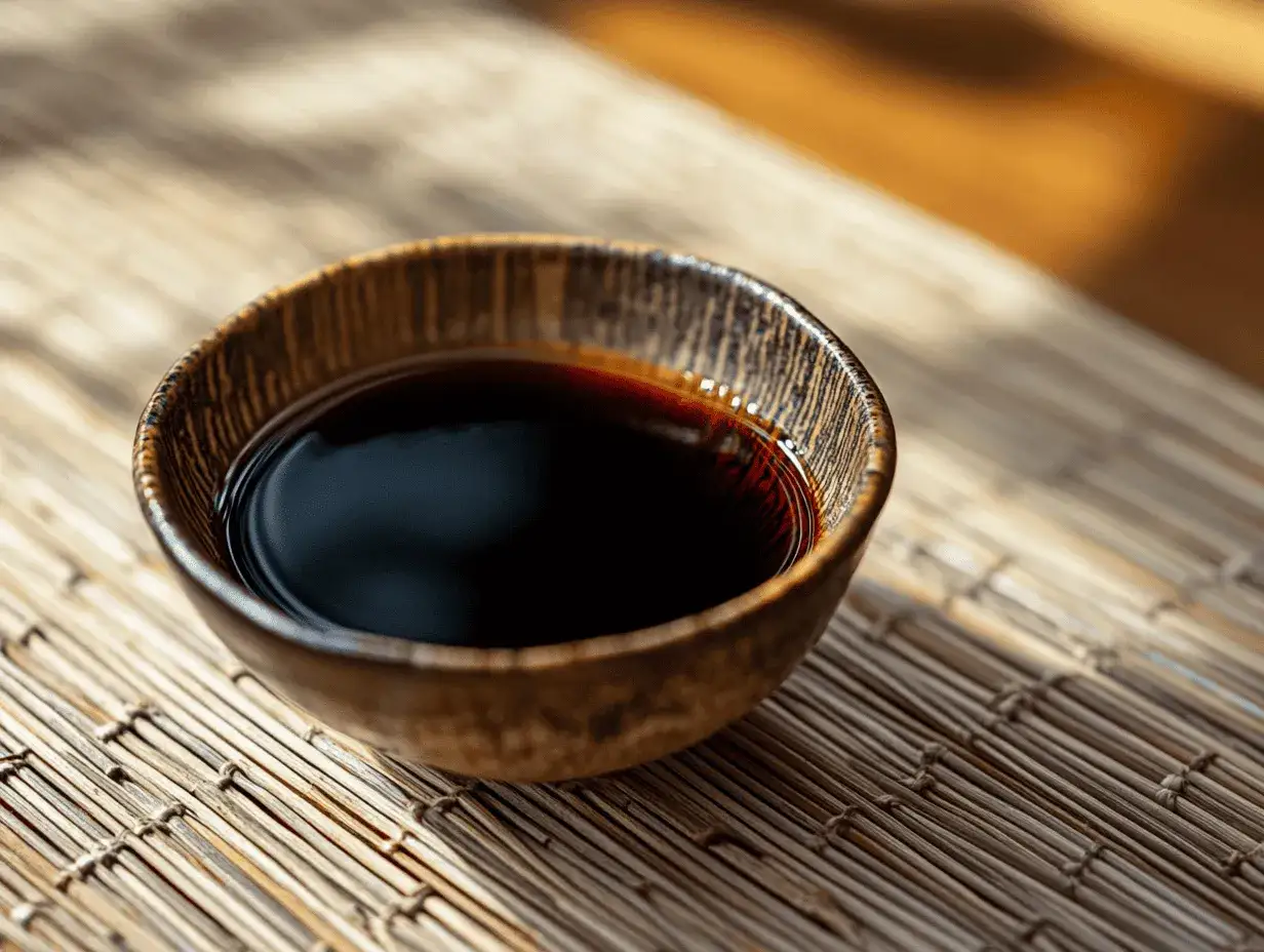 Butelka sosu sojowego na p&oacute;łce kuchennej