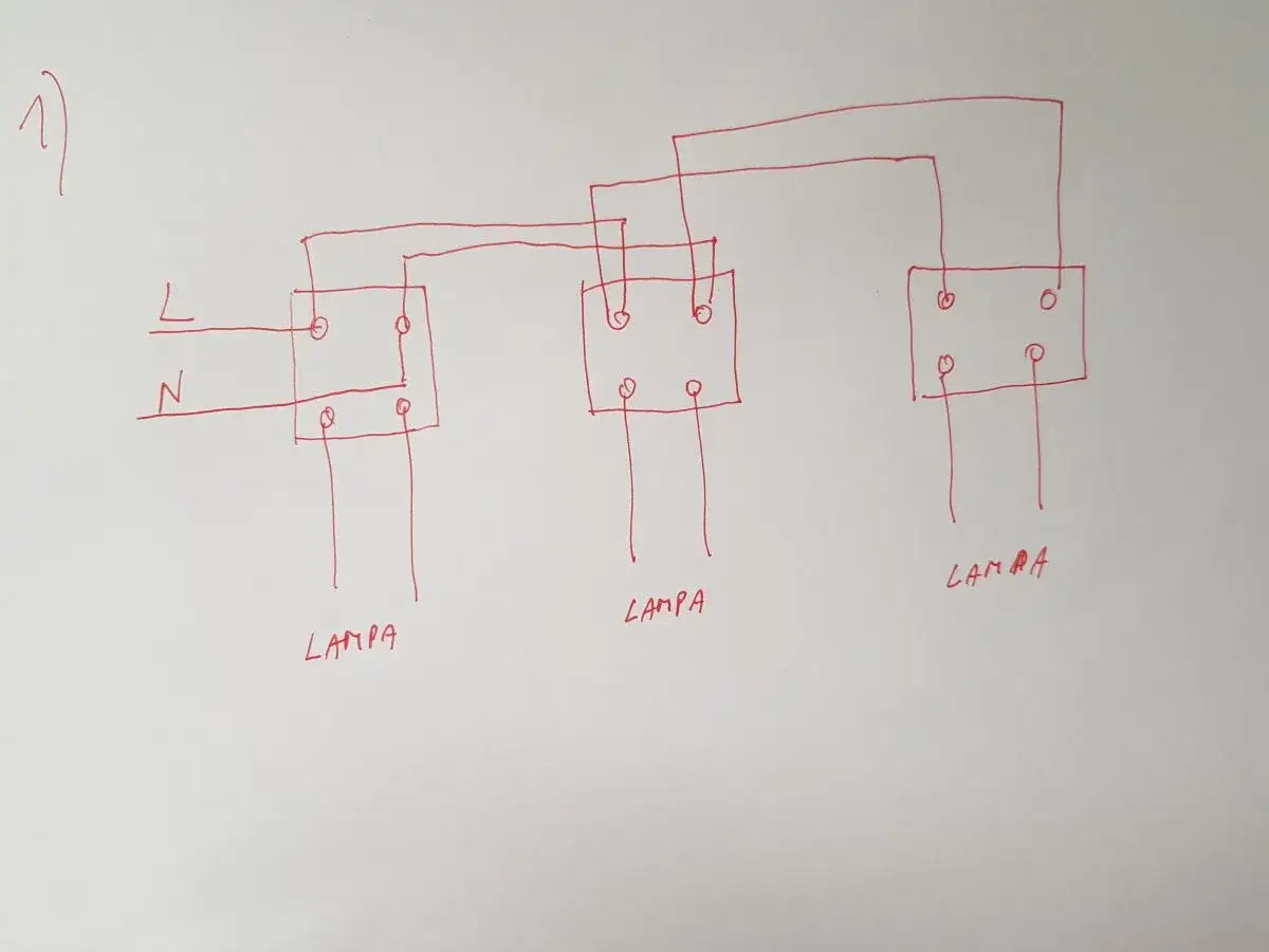 Schemat podłączenia lamp ogrodowych: trzy lampy połączone szeregowo z zasilaniem L i N.