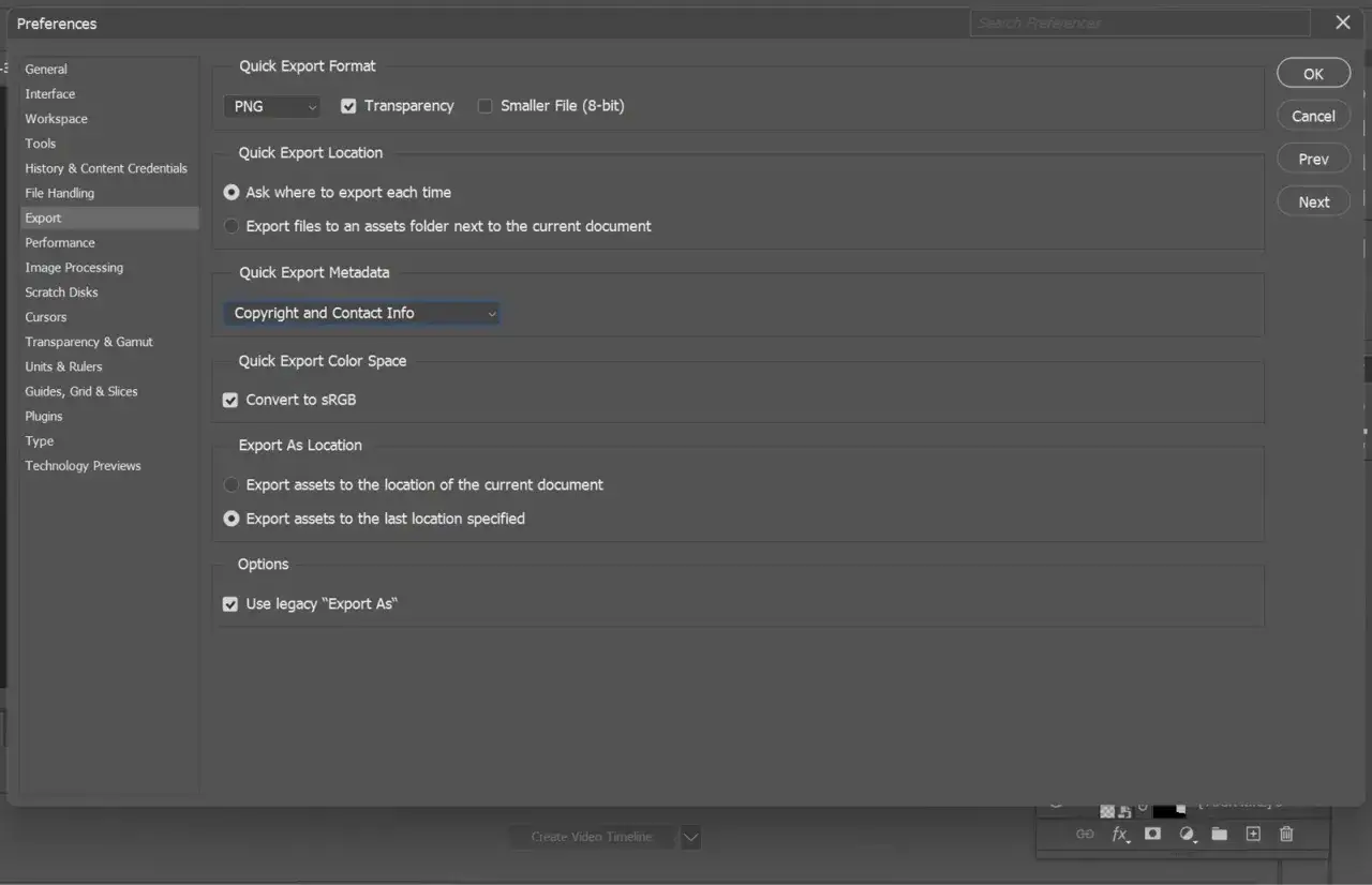 Adobe Photoshop Export As dialog settings