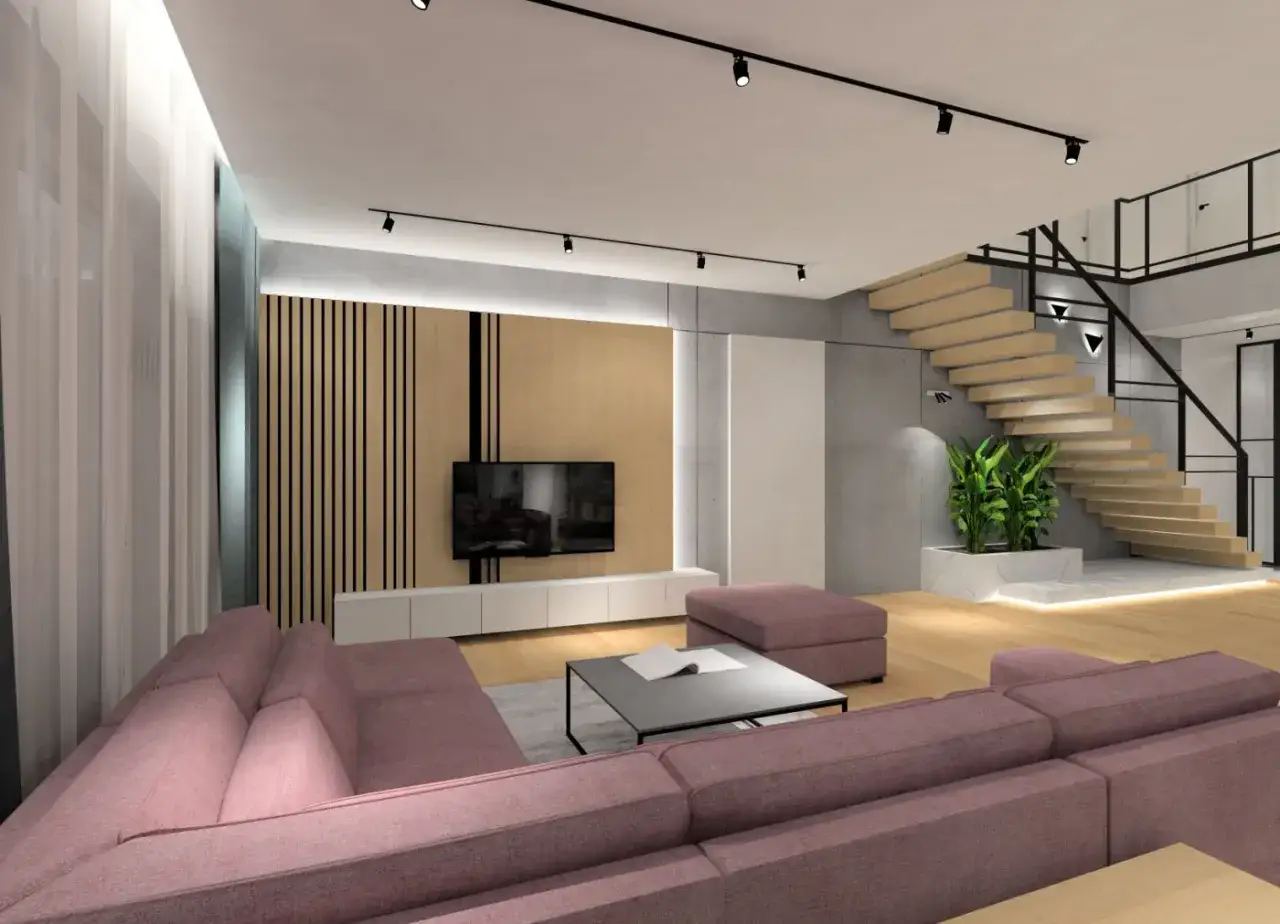 Nowoczesny salon z różową kanapą, drewnianą ścianką RTV i schodami. Halogeny nad telewizorem tworzą przytulną atmosferę.