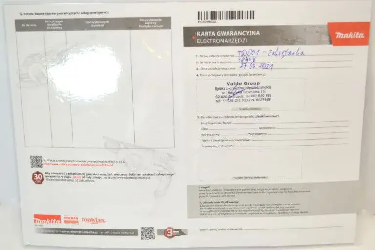 karta gwarancyjna makita przykład