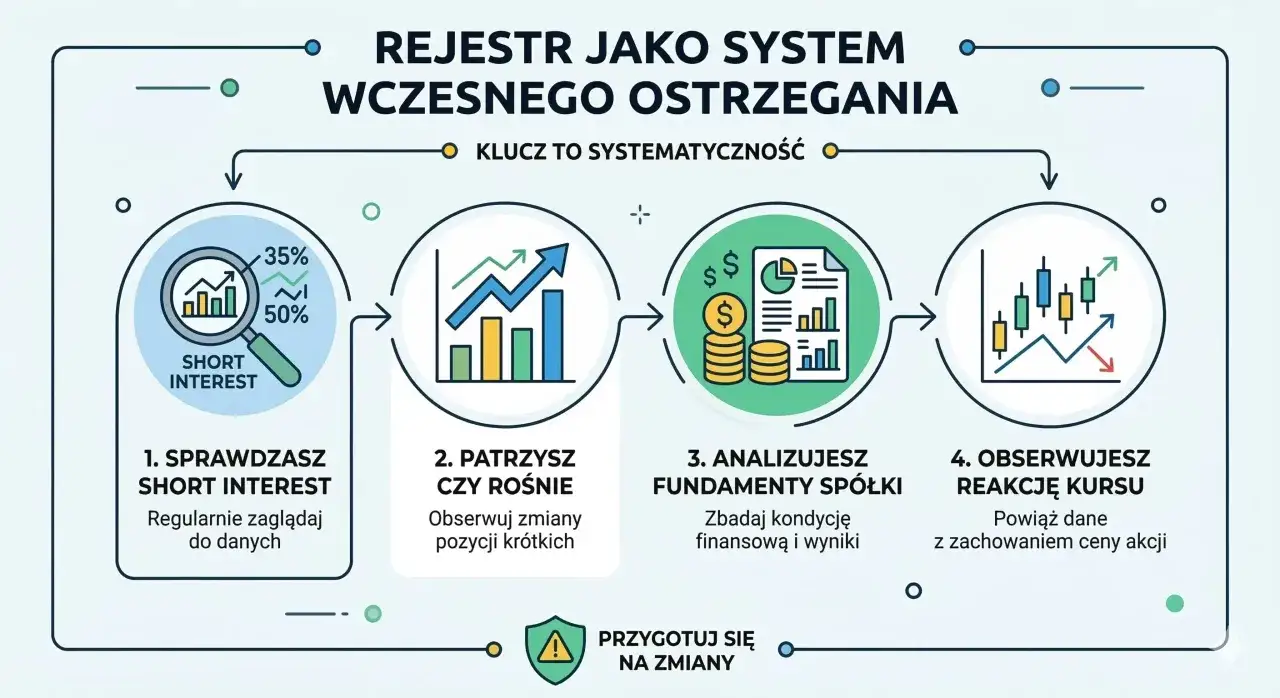 Schemat pokazuje 4 kroki analizy: sprawdź short interest, obserwuj wzrost pozycji kr&oacute;tkich, analizuj fundamenty sp&oacute;łki i reakcję kursu. Klucz to systematyczność.