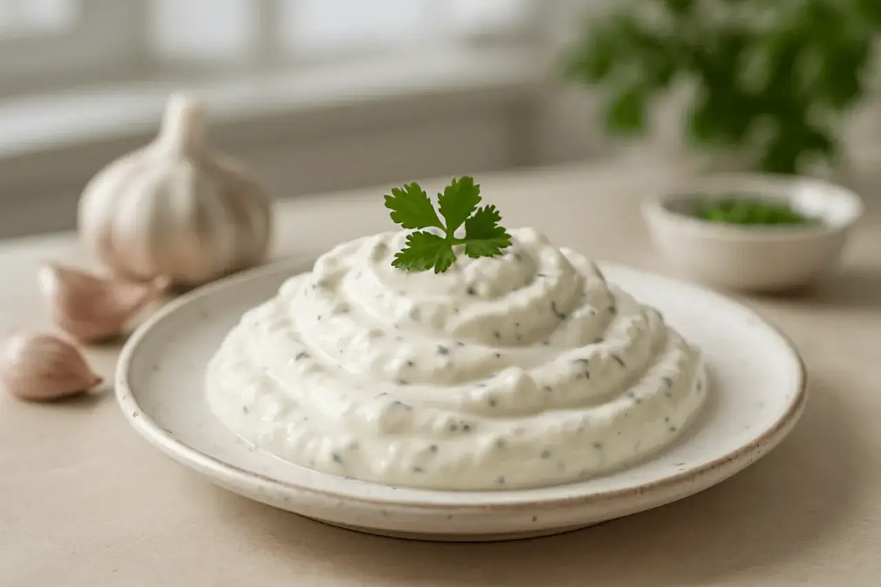 Kremowy, łagodny sos do kebaba z ziołami, obok czosnku i natki. Idealny dodatek do Twojego ulubionego dania.