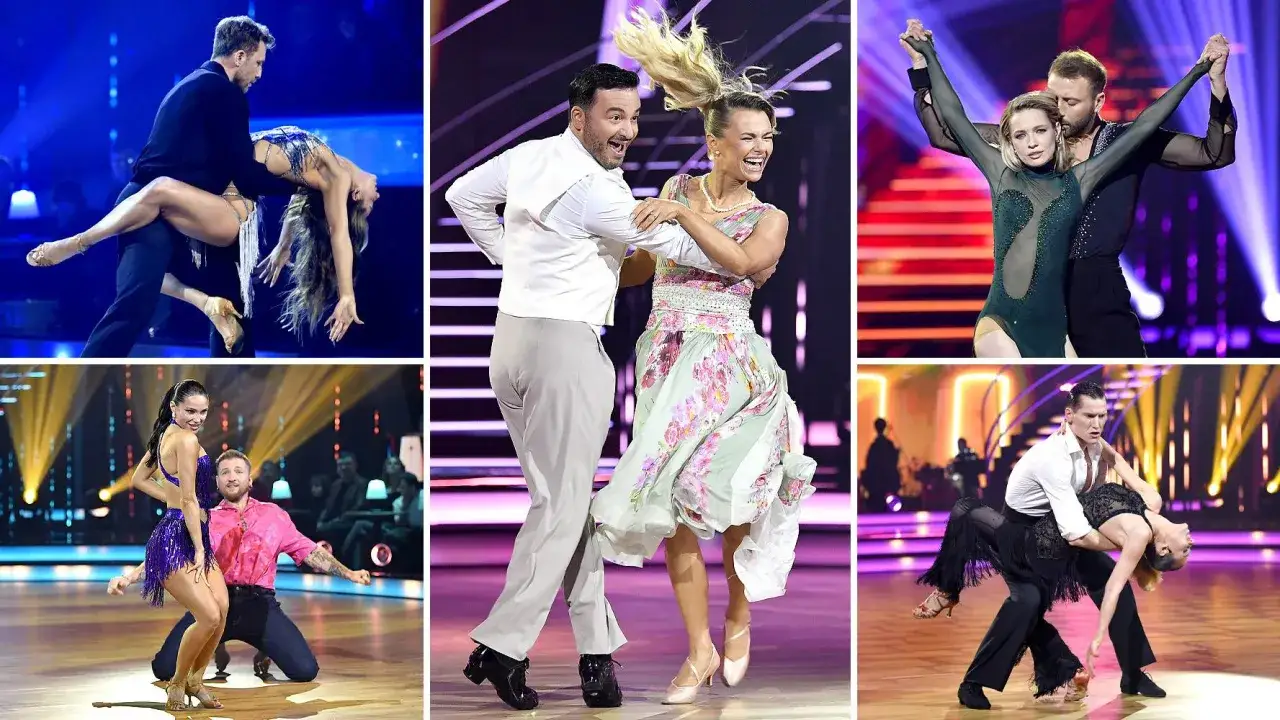 Trzy pary w dynamicznym tańcu na parkiecie. Wzruszające momenty i pełne pasji figury, gdzie każdy ruch to rama w tańcu.