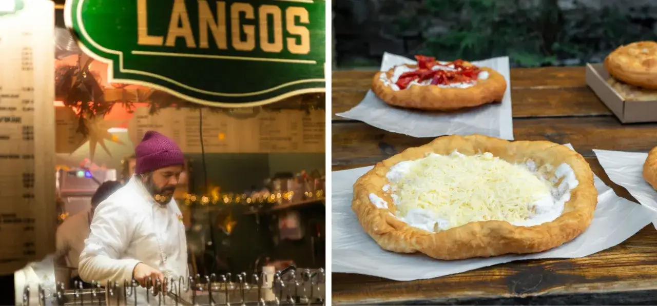 Co zjeść w Budapeszcie? Pyszne, smażone placki lángos z serem i pomidorami.