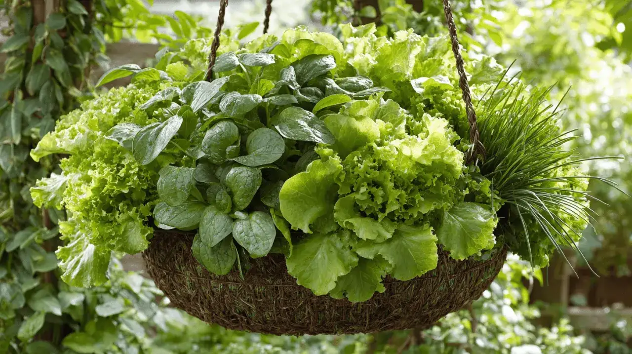 Wisząca donica pełna świeżych sałat i szczypiorku &ndash; najbardziej wartościowe zioła prosto z ogrodu.