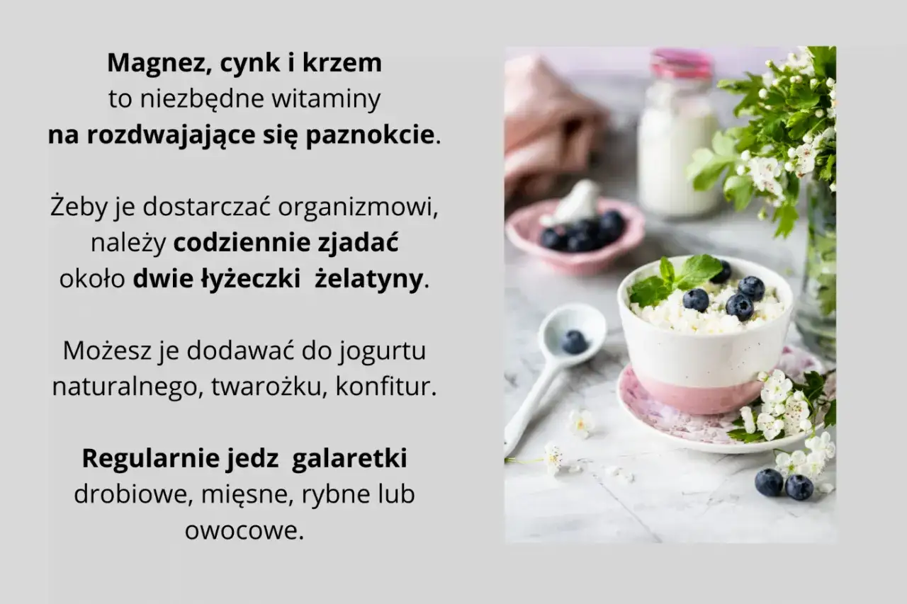 Jak przyspieszyć wzrost paznokci? Jedz żelatynę, np. w galaretkach. Magnez, cynk i krzem to klucz do mocnych paznokci.