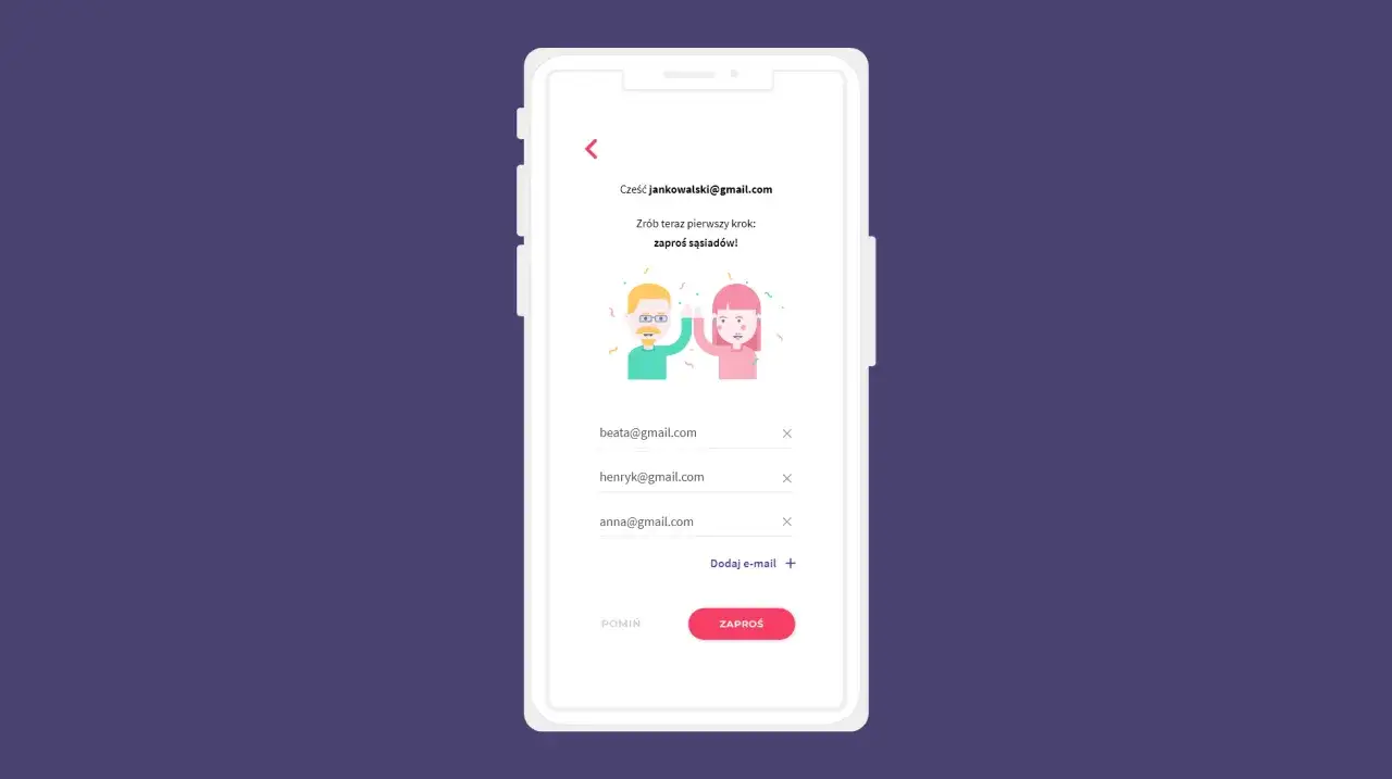 Aplikacja zaprasza do dodania znajomych. Widzimy listę adres&oacute;w e-mail i przycisk 