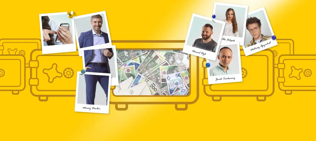 W tle widać sześć stylizowanych sejfów. Na nich zdjęcia osób i stos banknotów.