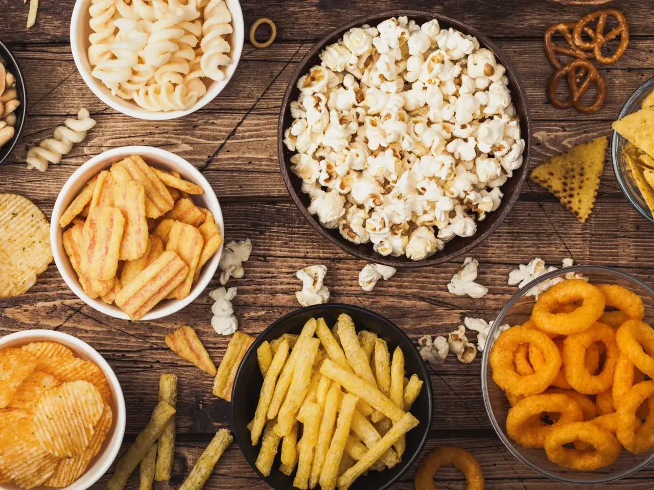 Stół pełen przekąsek: popcorn, chipsy, chrupki serowe, precelki i frytki. Czy frytki są zdrowe? Raczej nie, ale wyglądają apetycznie!