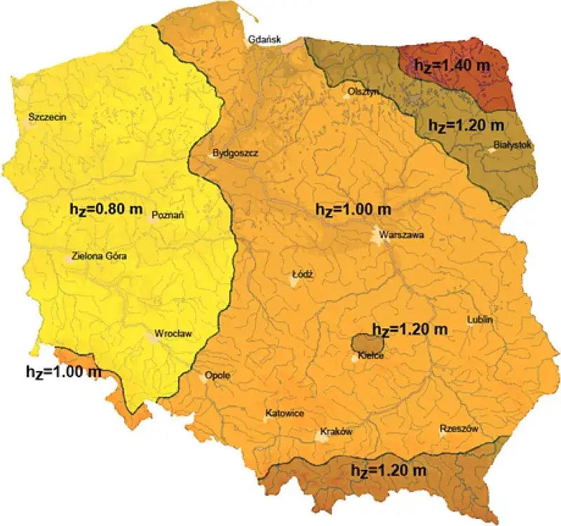 mapa stref przemarzania gruntu w Polsce