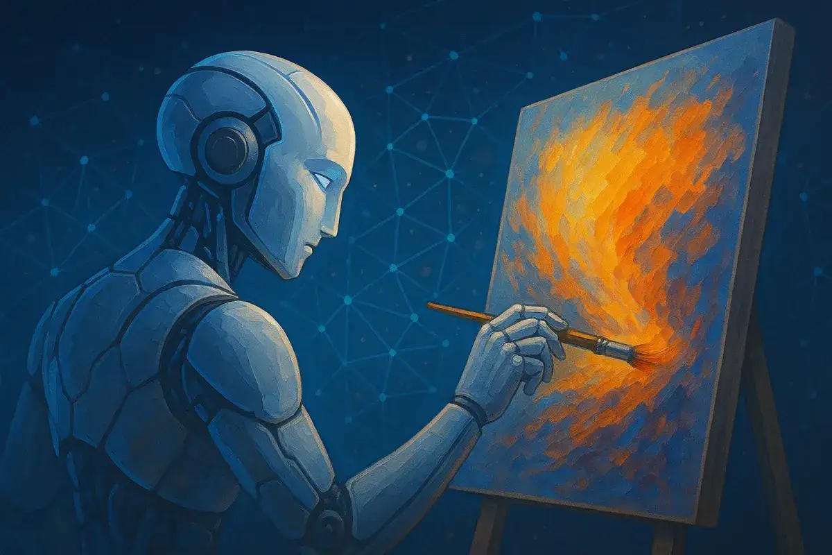 Robot maluje płótno, pokazując, jak zacząć z AI nie mając wiedzy technicznej.