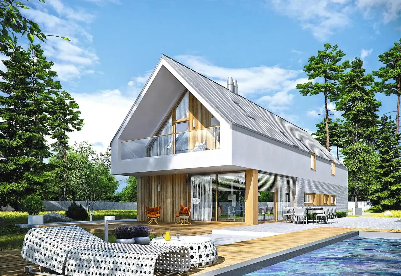 Nowoczesny, mały dom piętrowy z drewnianymi elementami i basenem.