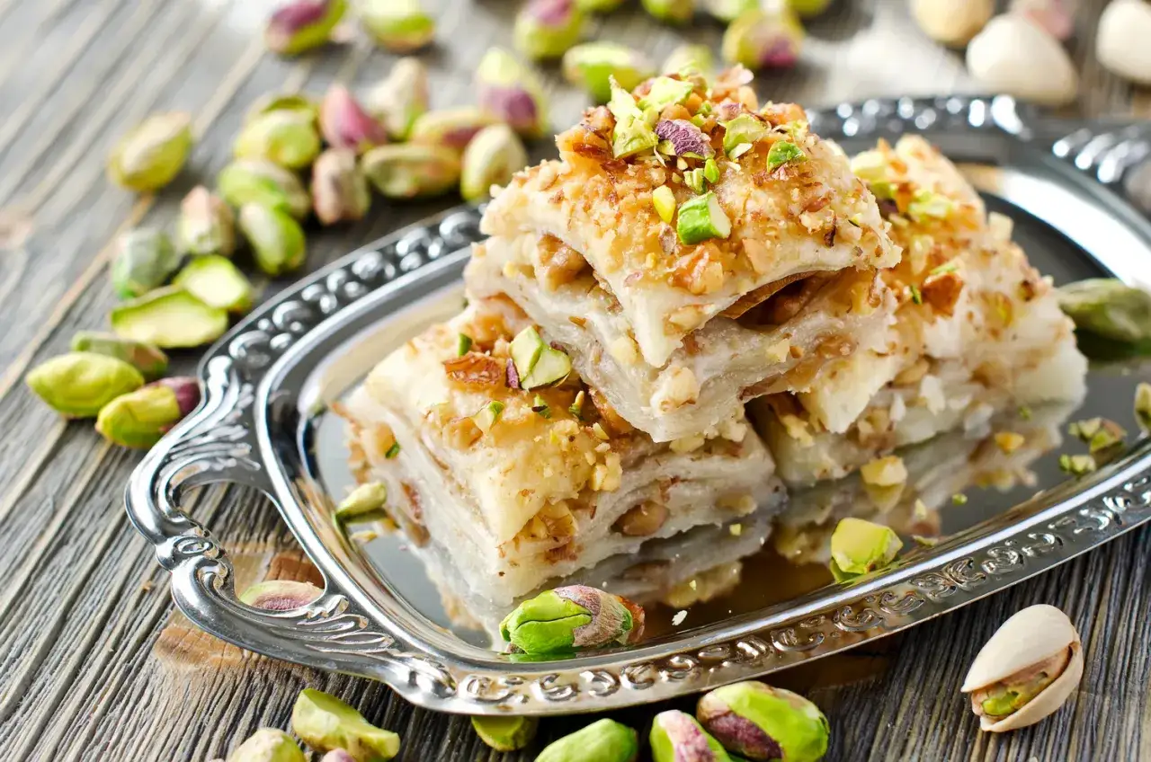 Słodka baklava z pistacjami na srebrnej tacy. Idealny przepis na baklavę, który zachwyci każdego.