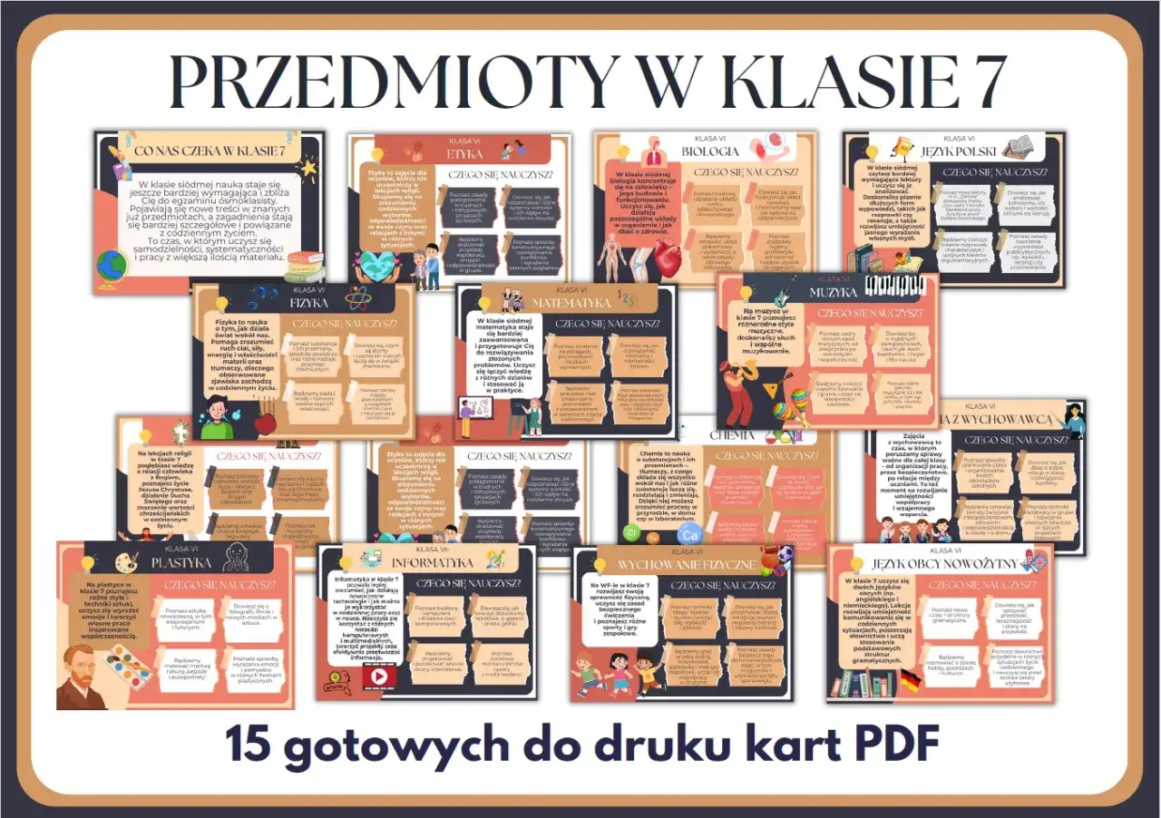 Przedmioty w siódmej klasie: biologia, fizyka, matematyka, chemia, muzyka, plastyka, informatyka, wychowanie fizyczne, język polski, etyka, religia, język obcy.