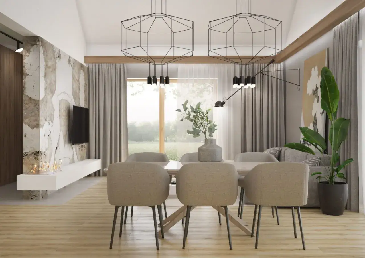 Nowoczesne zasłanianie okien w salonie z jadalnią. Szare zasłony, geometryczne lampy i kamienna ściana tworzą elegancką przestrzeń.