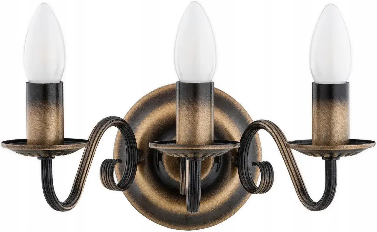 Elegancki kinkiet świecznikowy z trzema żar&oacute;wkami w stylu retro, w kolorze antycznego brązu.