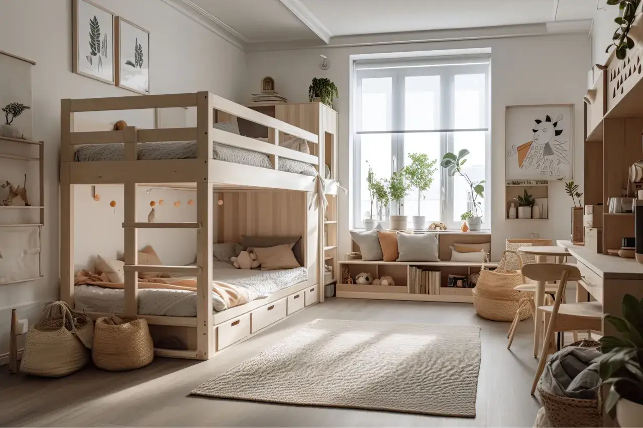 Przytulny, wąski pok&oacute;j dla dziewczynki z piętrowym ł&oacute;żkiem, regałami i oknem.