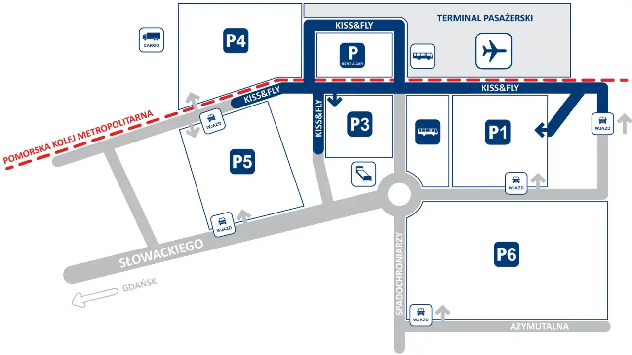 Schemat portu lotniczego Genua: parkingi P1-P6, terminal pasażerski, Kiss&Fly, Cargo, Pomorska Kolej Metropolitalna.