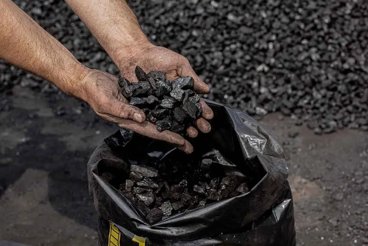 Brudne ręce przesypują ekogroszek do czarnego worka. Dowiedz się, jak wysuszyć ekogroszek w workach, by zapewnić optymalne spalanie.