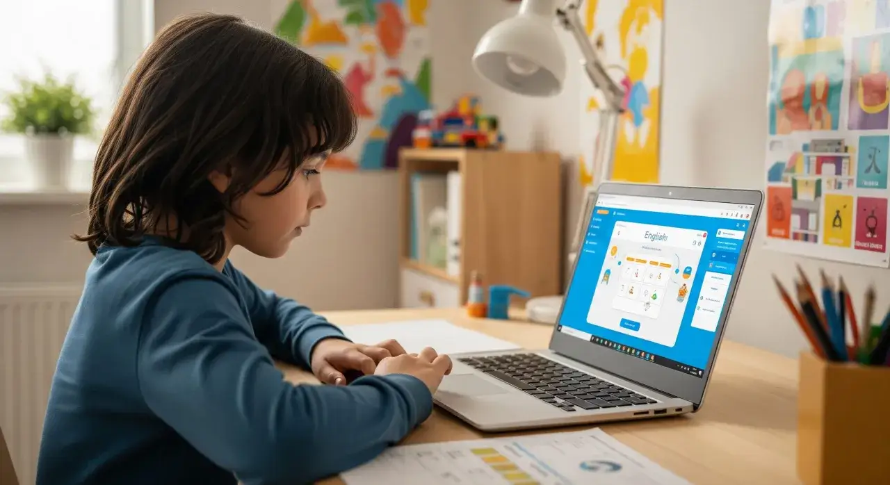 dzieci w klasie szkolnej i dziecko uczące się online por&oacute;wnanie