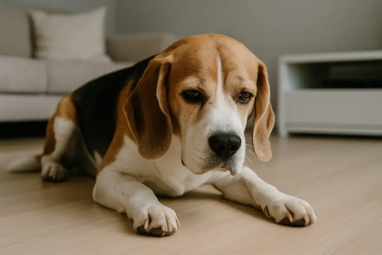 Smutny beagle leży na podłodze, wyglądając na chorego. Może to być niestrawność u psa, kt&oacute;ra sprawia, że czuje się osowiały.