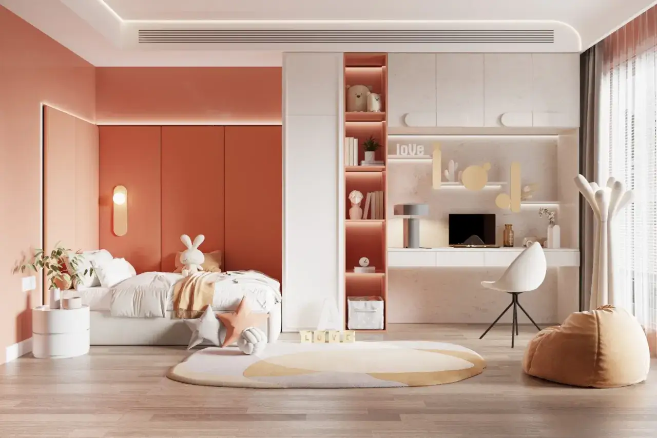 Nowoczesne pokoje dla dzieci: przytulna sypialnia z pluszakami i kącik do nauki z biurkiem i wygodnym fotelem.
