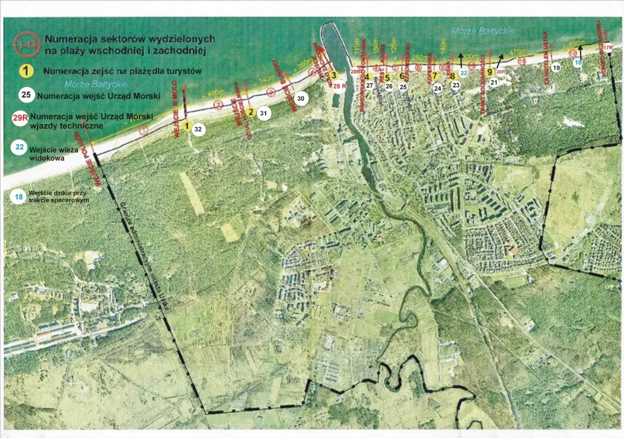 Mapa pokazuje plaże i wejścia do nich w Ustce nad Morzem Bałtyckim.