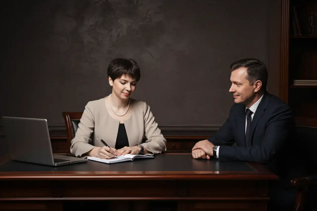 Kobieta i mężczyzna w garniturach przy biurku. Ona pisze, on patrzy. Dyskutują, ile kosztuje depozyt notarialny.