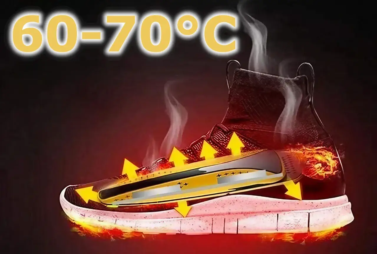 Grzałki do butów zapewniają ciepło 60-70°C. Strzałki wskazują przepływ ciepła wewnątrz buta, a dym sugeruje wysoką temperaturę.