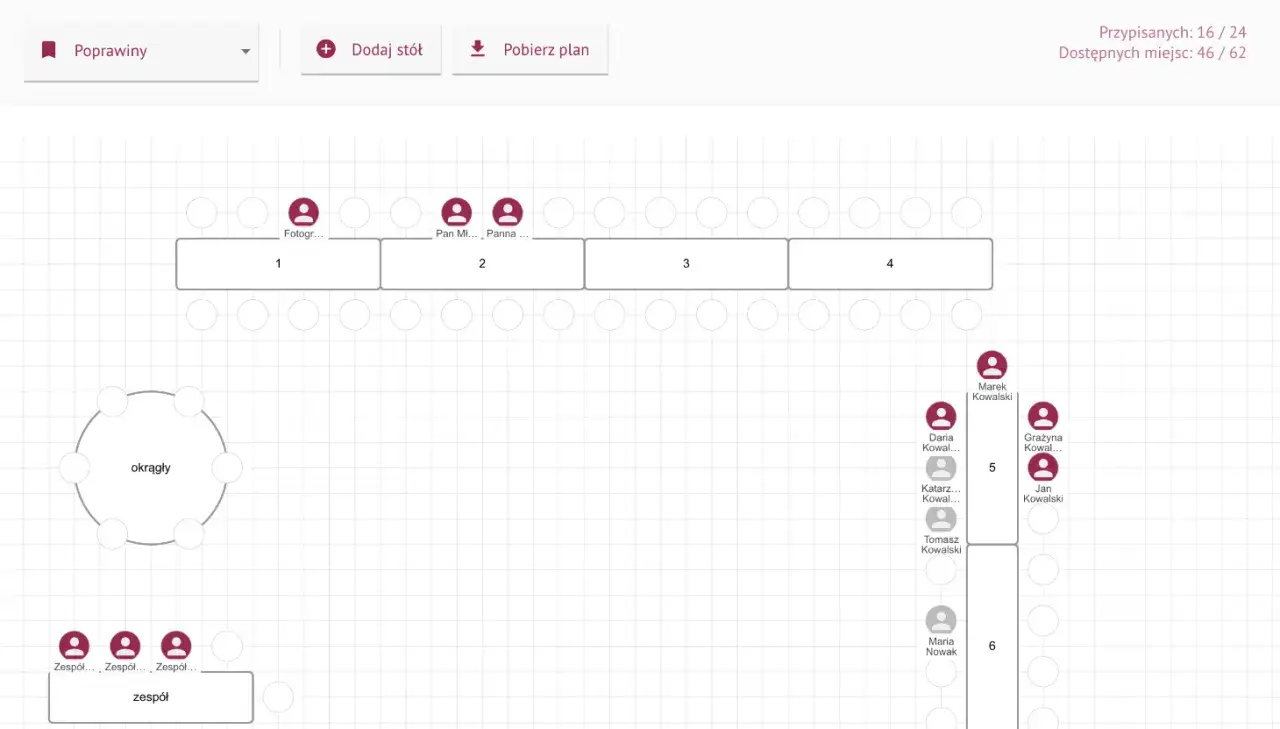 Plan usadzenia gości weselnych stoły prostokątne