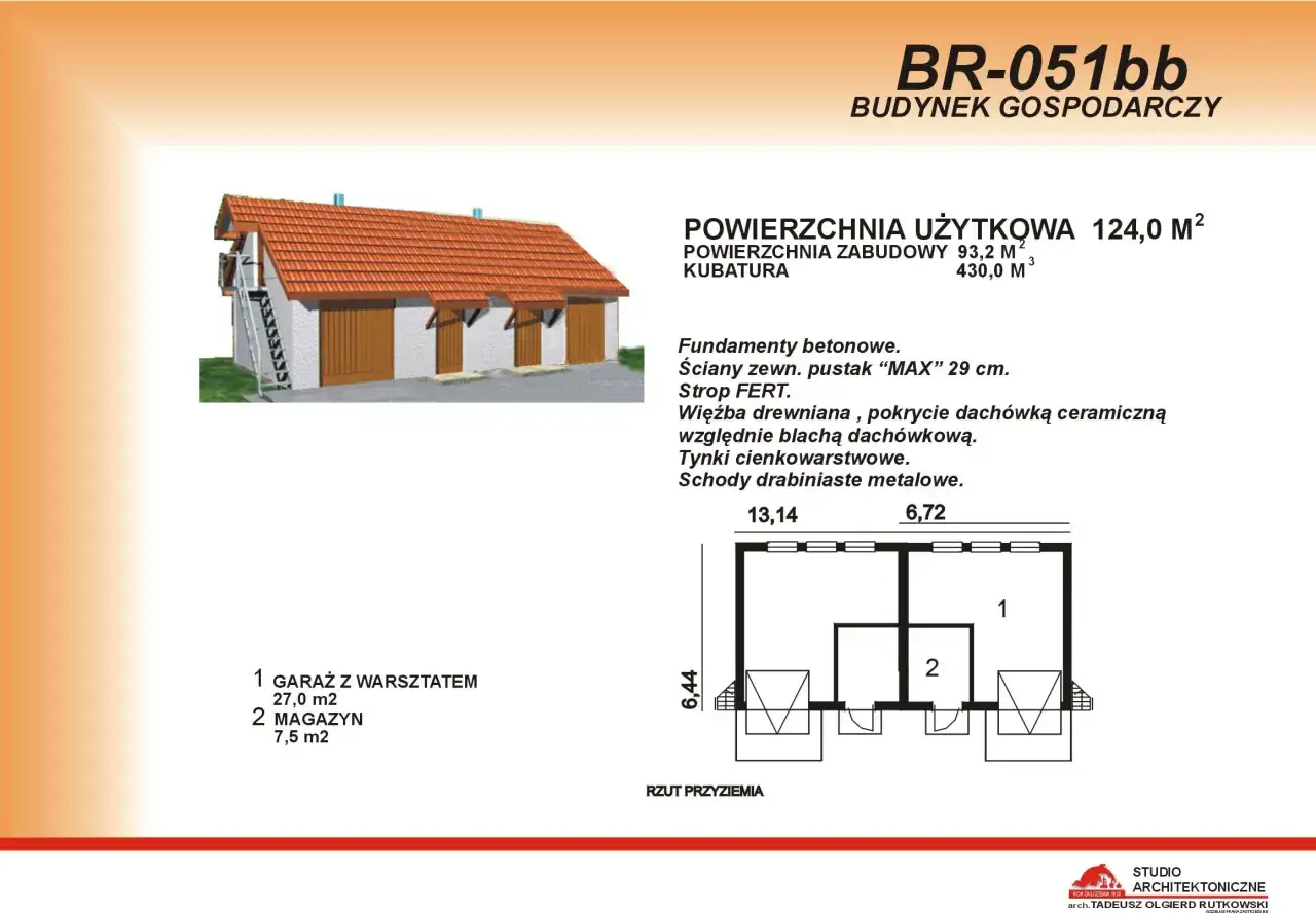 Projekt budowy budynku gospodarczego z garażem i magazynem. Rzut parteru z wymiarami.