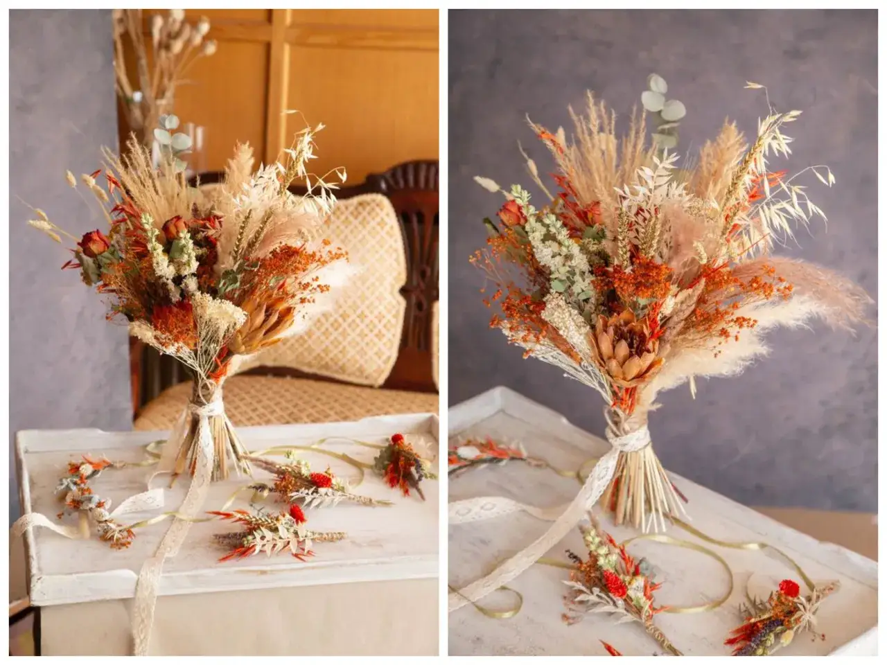 Jesienny bukiet ślubny z suszonych traw, róż i eukaliptusa. Idealny na październikowe wesele.
