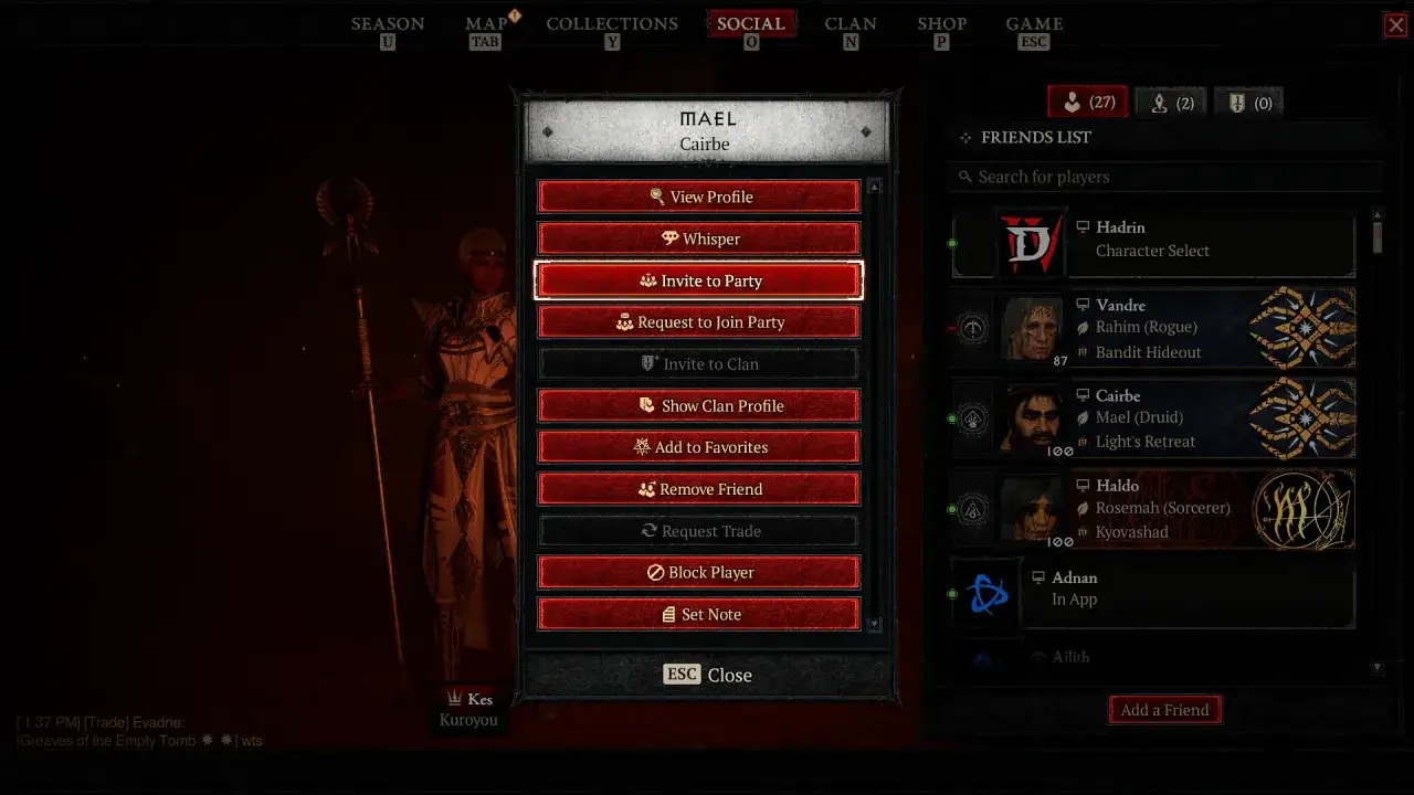 Diablo 4 menu społeczności zapraszanie do gry