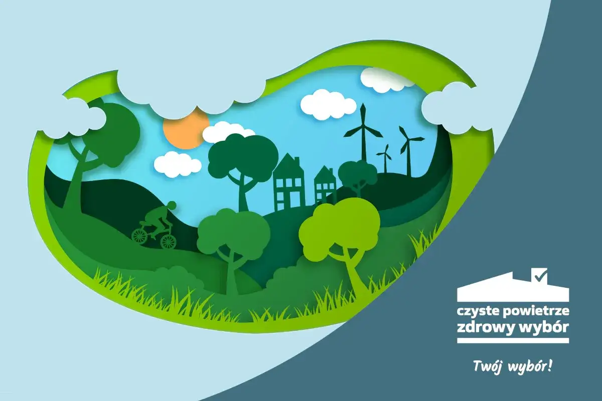 Zielona, warstwowa ilustracja przedstawia domy, wiatraki, rowerzystę i drzewa. Ulga termomodernizacyjna a czyste powietrze &ndash; Tw&oacute;j wyb&oacute;r!