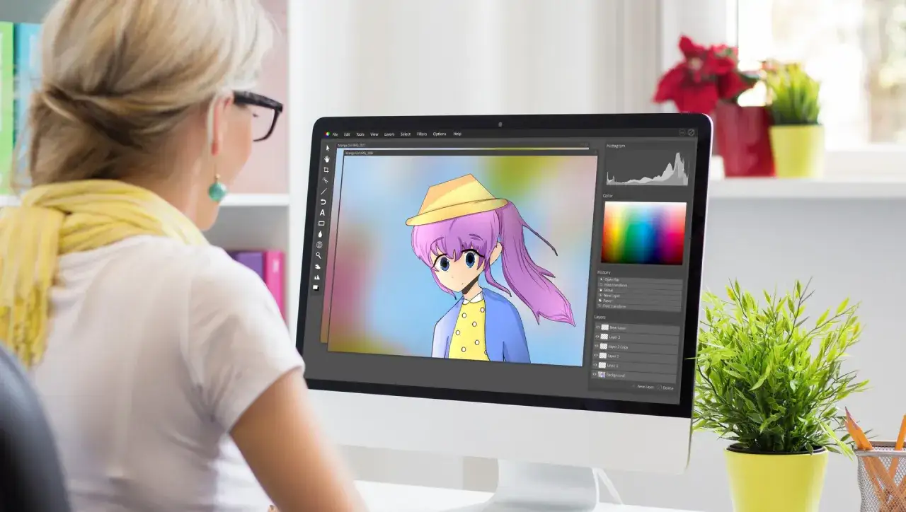 Kobieta pracuje nad grafiką postaci anime. Zastanawia się, ile zarabia animator w Turcji, tworząc cyfrowe dzieła.