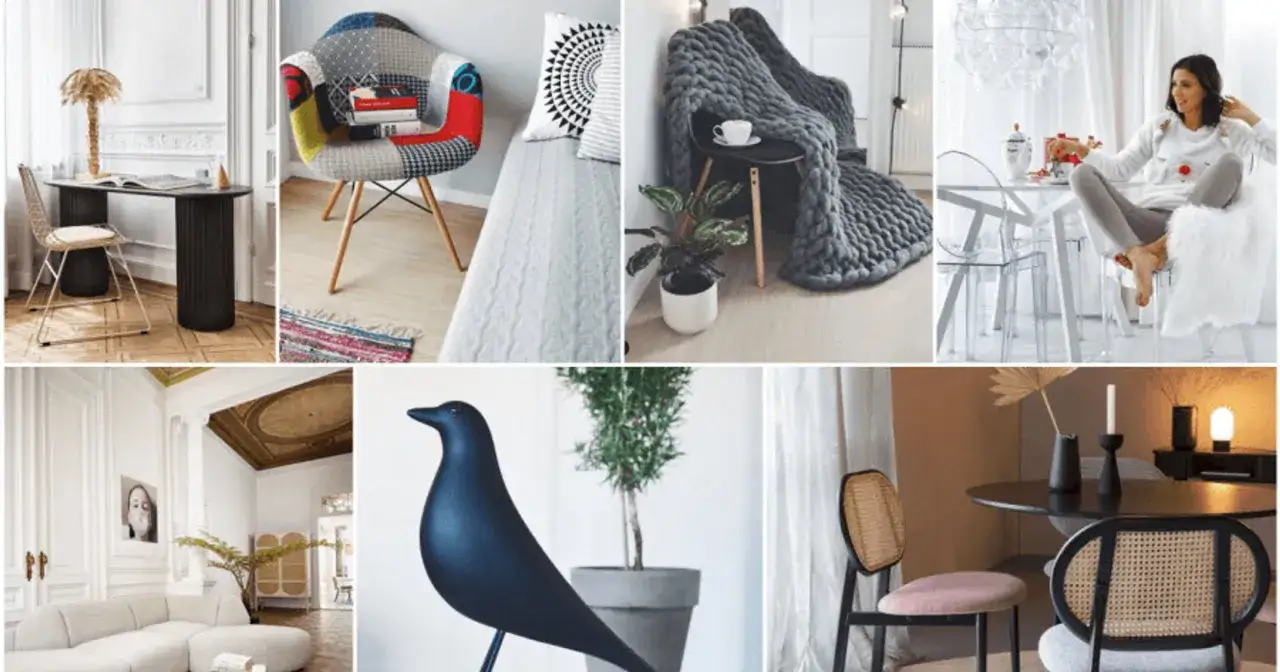 Inspiracje jak mieszkają polskie gwiazdy: stylowe biurko, patchworkowy fotel, przytulny kącik z kocem, elegancka jadalnia, nowoczesny salon i designerskie krzesła.