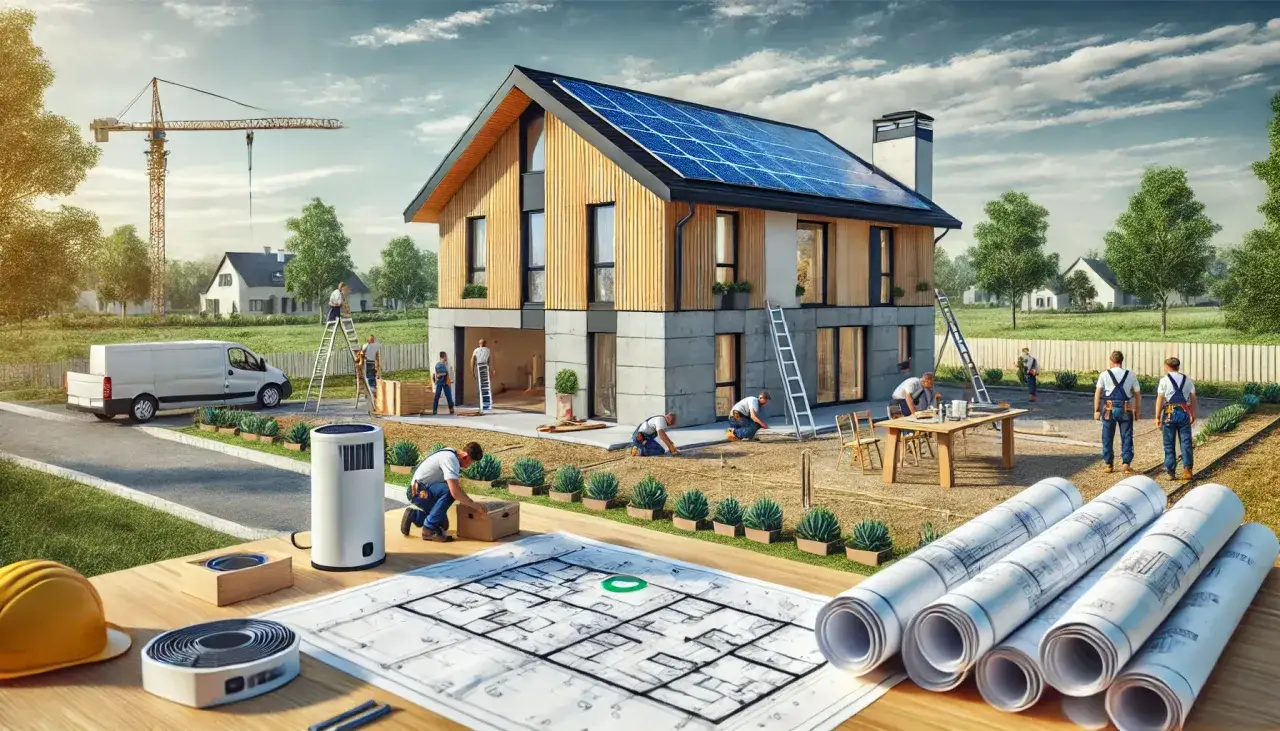 Budowa domu z panelami słonecznymi. Na pierwszym planie plany i kask budowlany, symbolizujące zmiany istotne prawo budowlane.