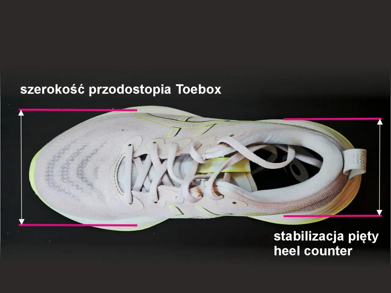 Różowe buty do biegania dla początkujących z zaznaczoną szerokością przodostopia i stabilizacją pięty.