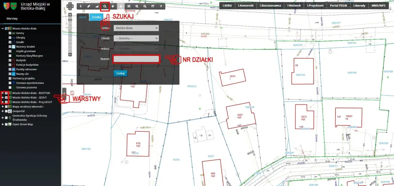 Mapa ewidencyjna działek w Bielsku-Białej. Wyszukiwanie działki inwestycyjnej co to znaczy? System pozwala na wyszukiwanie po numerze działki.